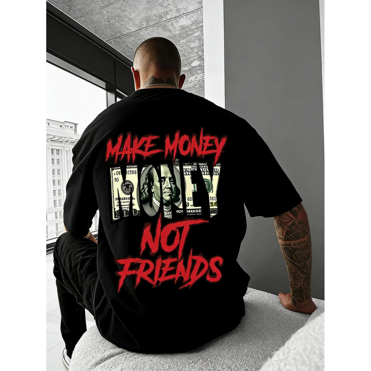 Motivational Streetwear Tee with Make Money Not Friends Slogan Casual Summer Top with Loose Fit Round Neck Breathable Polyester