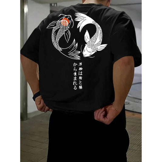 Unisex Fish And Japanese Character Print Round Neck Graphic Tee Casual Short Sleeve Summer T-Shirt for Daily Wear And Tropical Style
