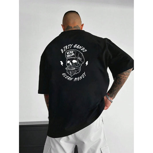 T Shirt Featuring Bearded Skull Design and Dirty Hands Clean Money Phrase