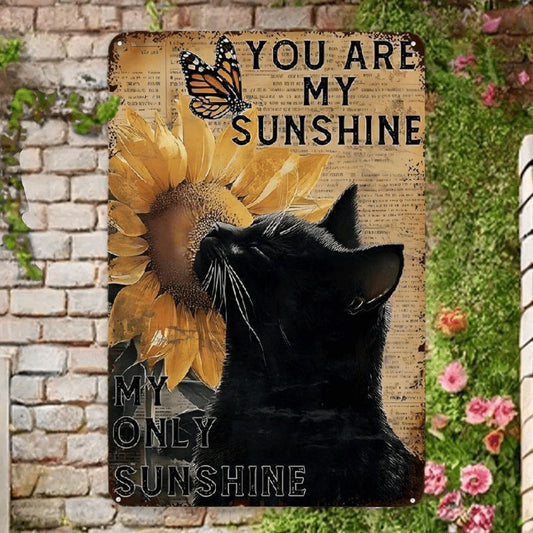 Charming Black Cat & Sunflower Metal Tin Sign ¨C Vintage Farmhouse Wall Art with "You Are My Sunshine" Quote, Perfect Gift for Cat Lovers, Women, and Home Decor, 8x12 Inch, Rustic Retro Style