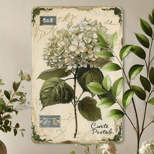 Vintage Hydrangea Metal Tin Sign - 8x12" | Rust-Proof & Waterproof Wall Art with Pre-Drilled Holes for Easy Installation | Ideal for Home, Bar, Cafe, Garage Decor | Classic Style with Floral Design and Postmark Detail, Bar Wall Ar