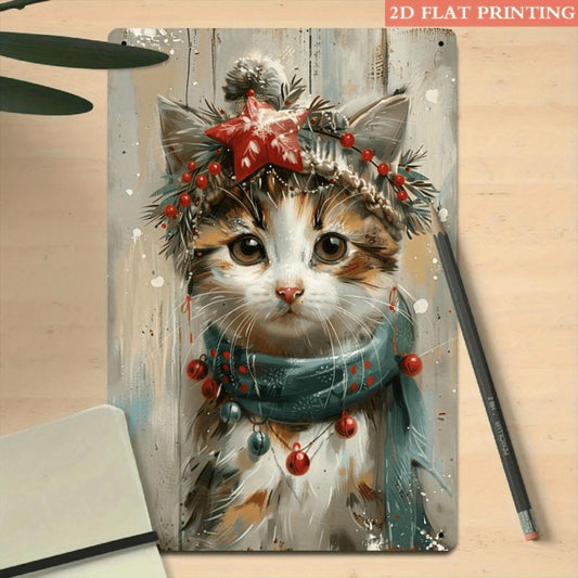 2D Flat, 1pc Vintage Christmas Kitten Metal Wall Decor - Fluffy Cat with Red & Golden Ornaments - Rustic Farmhouse Hanging Sign for Indoor/Outdoor - Durable Iron Decoration