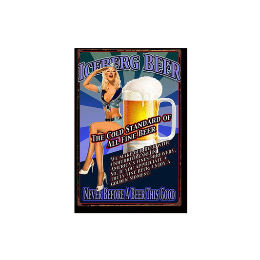Vintage Iced Beer Tin Sign, 8x12 Inch retro wall decor for bar, home and dining room. 2D Flat durable iron plaque with high quality print, classic European American style and perfect gift idea.