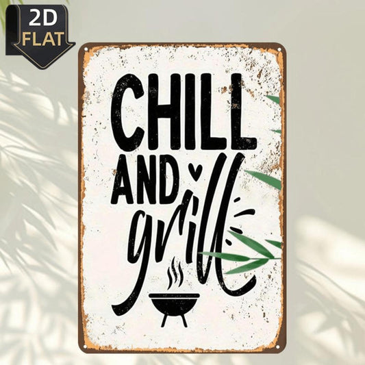 2D Flat 1pc, Chill And Grill: A Relaxing Outdoor Cooking Experience, Metal Tin Sign, Size(8\"X12\"/7.87inch*11.81inch)Decoratve Paintings/Room/Restaurant/Bar/Door/Garage Decor