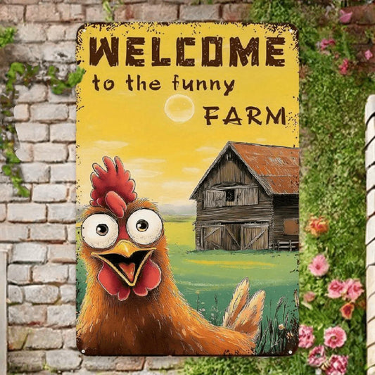 Vintage Chicken Welcome Sign - Funny Farm Metal Wall Decor with Rooster & Barn Design - Rustic 8x12 Inch Tin Plaque for Chicken Coop, Country, Farmhouse, Garden - Durable Outdoor/ Hanging Decoration Gift for Poultry Lovers