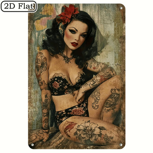 1pc Vintage Tattooed Lady Metal Tin Sign - Retro Chic Wall Art Decor with Floral Lingerie & Red Lipstick, Perfect for Home, Bar, Cafe, Garage - Lightweight & Easy to Hang, Cafe Wall Art|Vintage Pinup Art|Weathered Finish, Metal Wa