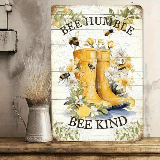 1pc Bee Humble Bee Kind Inspirational Tin Sign - Floral & Bee Motif Rustic Metal Wall Art, 8x12 Inch Modern Home Decor for Kitchen Living Room Office Garden Bedroom, Easy to Hang Positive Vibes Gift for Nature Lovers, Bee Decor, G