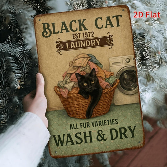 [2D-plate]1 "Black Cat Laundry" Metal iron sign - Indoor and outdoor hanging decoration, suitable for home, kitchen, restaurant, garden, bathroom, hotel, office, bar sign, cafe, gym, room decoration, manhole decoration, wall decor
