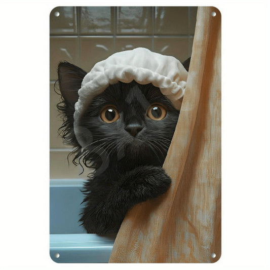 Vintage Black Cat in Shower Cap Metal Wall Art - Humorous Bathroom Decor for Cat Lovers, Retro Home Bedroom Dorm Wall Decor, No Electricity Needed, Easy Installation, Bathroom Wall Decor