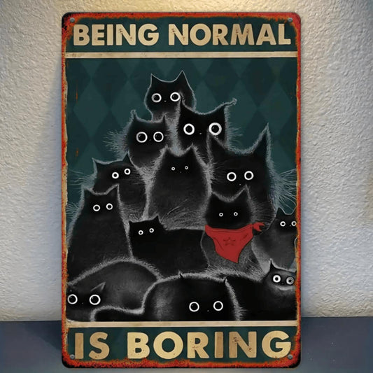 1pc "Being Normal is Boring" Cat-Themed Iron Metal Sign, 8x12 Inch Square Wall Art with Whimsical Black Cats Design, Vintage Rustic Reddish-Brown Border, Perfect for Home, Bar, Garage, Club, Restaurant & Cafe Decor, 2D, Perfect fo
