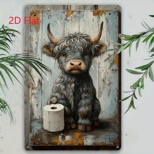 2D Flat, Vintage Highland Cow Metal Sign, Cute Animal Holding Toilet Paper, Tin Sign Wall Art, 8x12 Inches, for Home, Bar, Cafe, Garden, Farmhouse Decor, Room Decoration, Home Decor, Indoor Outdoor Decorative Gift, 2D Flat