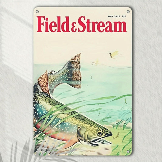 Vintage Fishing Trout Field Stream Metal Sign - 8x12 Inch Rustic Wall Art for Outdoor & Home Decor, Perfect Gift for Fishing Enthusiasts, Naturethemed Decor | Classic Design | Artistic Illustration, Fish Decor