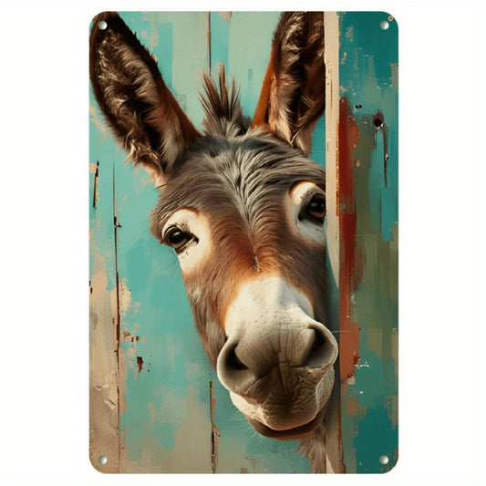 1pc Vintage Farmhouse Metal Wall Art Sign - Cute Donkey Behind Weathered Wooden Door - Rustic Metal Plaque with Distressed Turquoise Background, Durable Indoor/Outdoor Decor for Home, Bar, Cafe, Garden - Easy Mounting, Perfect