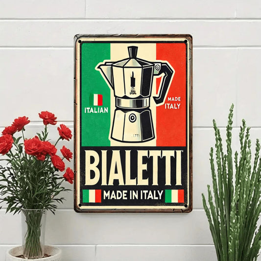 [1 Vintage Bialetti Metal Sign] Bialetti 1 Vintage Italian Espresso Metal Sign (8"x12") | Rustic Wall Decor Featuring Italian Flag Colors, Perfect for Kitchen, Cafe, Bar, Office, Garden | Easy to Hang, Durable Iron Wall Art, Metal