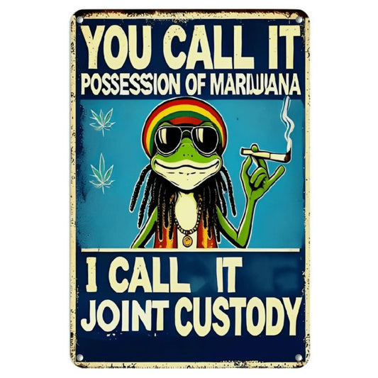 2D Flat, 1pc "Joint Custody" Humorous Metal Sign - 8x12 Inch Vintage Iron Wall Art with Cartoon Frog & Leaf Design, Vertical Portrait Home Decor for Bar, Cafe, Garage, Room - No Electricity Needed, Metal Wall Decor, Bar Decoration