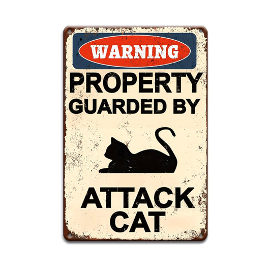 Attack Cat Warning Sign - Vintage Metal Yard Sign for Outdoor Wall Decor - Multipurpose Wall Hanging Metal Plaque - English Language - Ideal for Garage, Porch, Garden, Bedroom, Cafe, Bar, Man Cave - 12"x8" Retro Poster Gift
