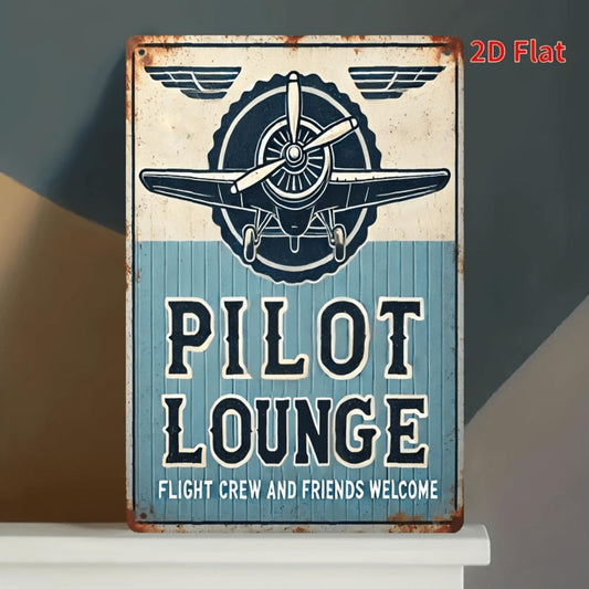 2D Flat, 1pc 8x12 Inch Vintage Pilot Lounge Metal Tin Sign - Rustic Wall Decor for Man Cave, Garage, Bar | Durable Iron Finish, Aviation-Themed Design with "FLIGHT CREW WELCOME" Text, Perfect Room Decor, Metal Wall Decor, Perfect