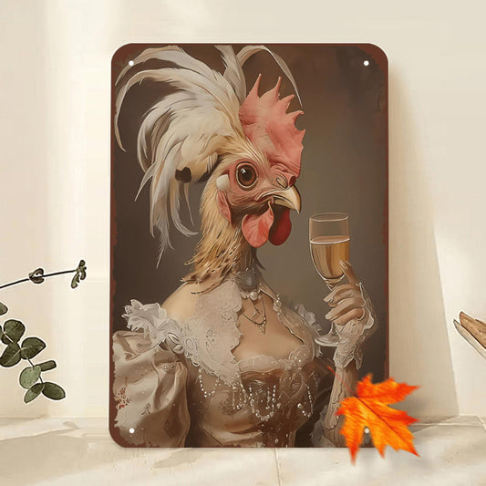 1pc Vintage Rooster Lady Metal Wall Art, 8x12 Inches - Whimsical Farmhouse Decor, Unique Animal Portrait, Chicken Wine Theme Decorative Sign for Home, Bedroom, Seasonal Decor, Unframed