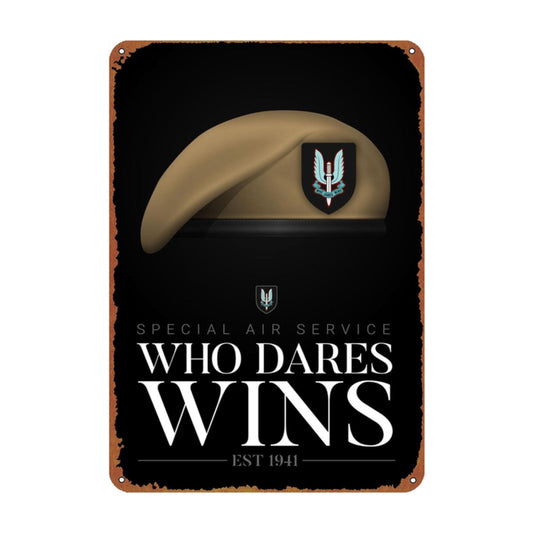 2D Flat, British SAS "Who Dares Wins" Vintage Metal Tin Sign - Perfect for Men's Cave, Bar or Garage Wall Decorations, Fits Room Decoration, 2D Flat