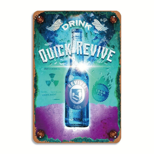 Quick Revive Perk A-COLA Style Metal Sign - 8x12 Inches, Vintage Game Room Wall Decor, Retro Iron Art, Ideal for Bars, Cafes, Homes, Outdoors - Nostalgic Advertising Board with Blue Bird & Green Leaf Design, Gaming Room Decoration