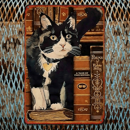 2D 1pc, Vintage Tuxedo Cat & Books Metal Tin Sign, 8x12 inch, Iron Wall Art, Decorative Plaque for Home, Office, Club, Bar, Gym, Library, Living Room Decor, Unique Gift Idea