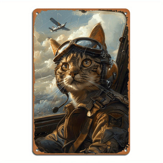 A metal painting Cat Pilot Vintage metal painting plate, fun aero-themed wall decoration for homes, restaurants, bars and cafes, pre-drilled, waterproof and weather resistant - 8x12 inches, waterproof and weatherproof decoration,