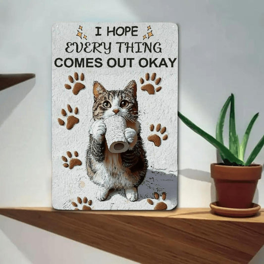Whimsical Cat Metal Wall Sign - 'I Hope Everything Comes Out Okay' | Retro Tin Decor with Playful Cat Design for Home, Kitchen, Bathroom, Bar, Cafe, or for Man Cave | Humorous Vintage Style Wall Art, Cafe Wall Art | Retro Tin Sign
