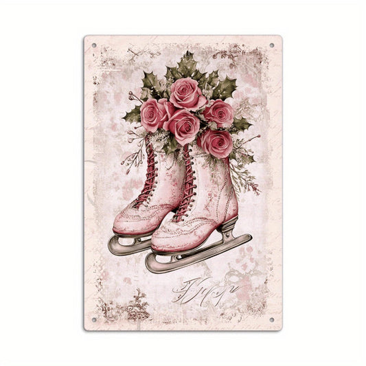 Charming Vintage Pink Christmas Rose & Skating Shoes Metal Tin Sign - Perfect Wall Art for Home, Farmhouse, or Skating Rink Decor - Ideal Holiday Gift, Best for Christmas