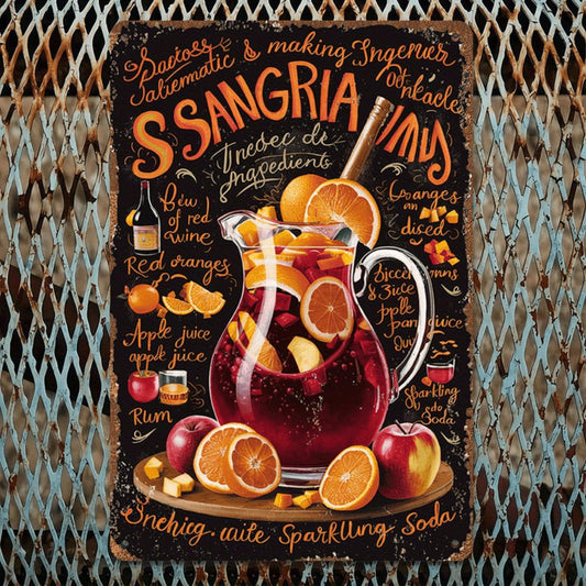 2D Flat, Vintage Sangria Recipe Metal Wall Art Sign - 8x12 Inch Metal Decorative Plaque with Colorful Citrus Design, Ideal for Home, Office, Kitchen, Bar, and Outdoor Spaces, Perfect Gift for DIY Enthusiasts, Perfect for Room D