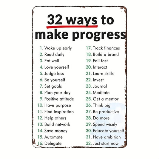 1pc Inspirational Vintage Metal Tin Sign, 32 Ways to Make Progress, Retro Metal Wall Decor Poster for Home, Office, Coffee Bar, Motivational Art
