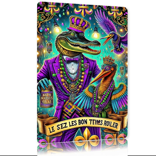 1pc Vibrant Carnival-Themed Metal Wall Sign - Retro Style with Colorful Crocodile & Parrot in Purple Tuxedo, Festive Decor for Home, Bar, Cafe, Garage, Farmhouse - Rustic Iron Art for Mardi Gras Celebrations, Carnival Decor, Perfe