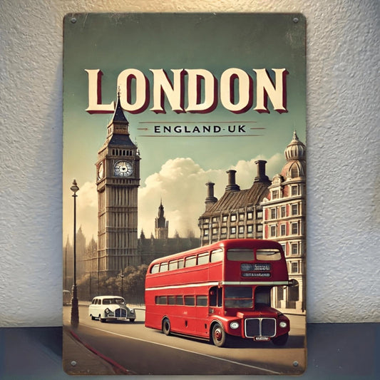 Room Decor 1pc, London Sign, London, UK Theme, Picture Design Includes Big Ben and Vintage Style Classic Red Double Decker Bus, Iron 20¡Á30 CM(8¡Á12 inch), Vintage Metal Iron Sign, Vintage Plaque Decorative Mural, Wall Artwork, Suit
