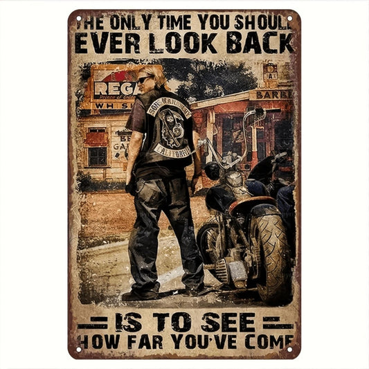 Vintage Biker Metal Wall Art - Durable Iron Poster Plaque with "The Only Time You Should Ever Look Back Is to See How Far You've Come" Quote, Perfect for Home, Bar, Cafe, Garage, Gym Decor, Biker Decor | Vintage Wall Art | Durable