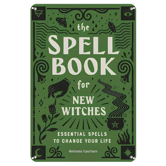 8x12 Inch Vintage Witch's Spell Book Metal Sign - The Spell Book for New Witches Essential Decor with Pentagram & Crescent Moon Design, Green & Black Retro Home, Bar, Farmhouse & Outdoor Wall Art, Witchy Home Decor