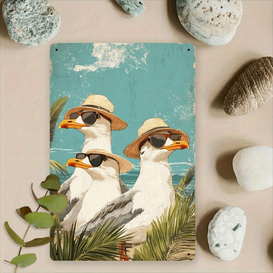 [Seagull Illustration] Room Decor 1pc Beach-Themed Iron Metal Sign, Funny Seagulls with Glasses Design, 8x12 Inch Wall Art for Home, Club, Living Room Decor - Vintage Style Hanging Plaque, Coastal Decoration|Vintage Wall Plaque|Vi