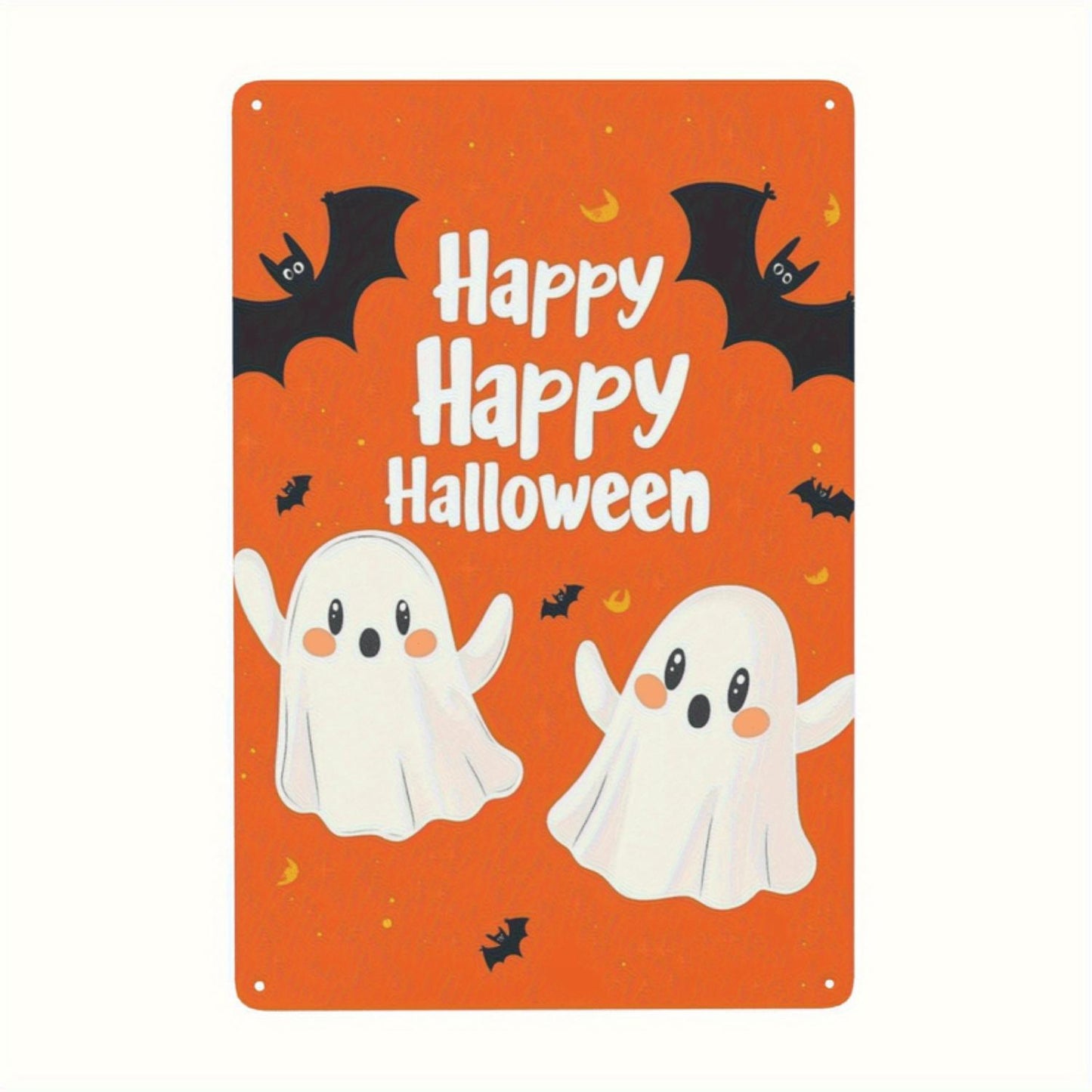 2D Flat, Happy Halloween Tinplate Decoration - 8x12 Inch Vertical Wall Hanging Painting with Ghosts, Bats & Pumpkins, Durable Iron Material, Perfect for Halloween Party Decor, Halloween Decorations, Festive Wall Art, Spooky Theme,
