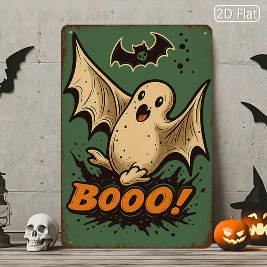 1pc 2D Flat Bat Ghost Halloween Tin Sign, Spooky Decorative Plaque - Ghost with Bat Wings and BOOO Text - Classic Wall Art for Halloween - Ideal for Traditional, Spooky Vibe - 8x12 Inch - Holiday Wall Decor