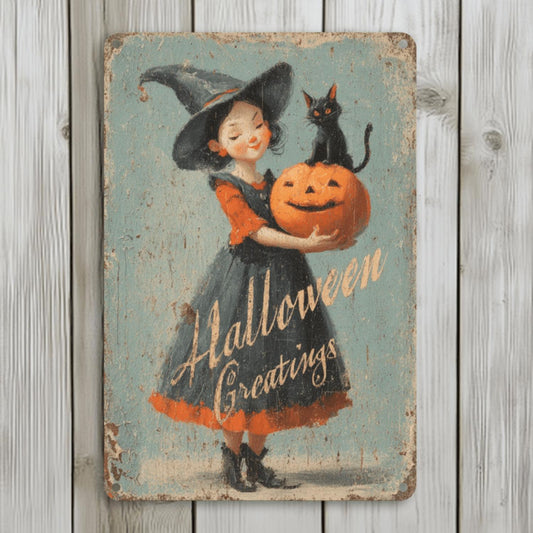 2D Flat, Vintage Halloween Metal Sign - 8x12 Inch Rustic Tin Wall Art with Witch, Black Cat & Pumpkin - Indoor/Outdoor Decor for Home, Office, Farmhouse, Garden - No Electricity Needed, Perfect Gift, Halloween Decorations, Indoor