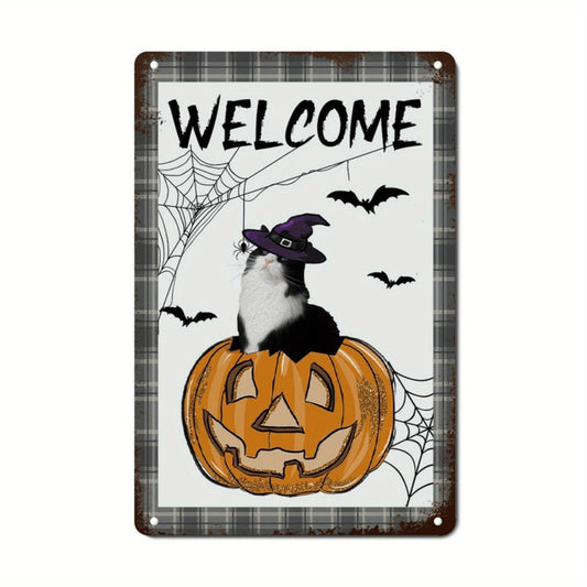 Halloween Cat & Pumpkin Welcome Sign - Vintage Metal Tin Wall Decor with Witch Hat, Spider Webs & Bats for Home, Garage, Bar, or Party, Perfect Gift for Grandma or Bridal Shower, Festive Home Accent | Rustic Industrial Style | Rus