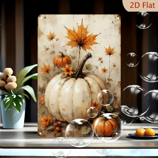 2D Flat, 1pc 8x12 Inch Vintage Metal Tin Wall Sign - Pumpkin & Maple Leaf Design, Rustic 2D Flat Decorative Plaque for Halloween Thanksgiving Home Decor, Porch Living Room Garden Entryway, Durable Seasonal Gift, Halloween Home Dec