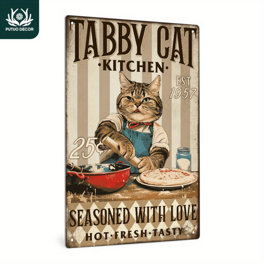 Putuo Decor 1pc Vintage Metal Tin Sign, Tabby Cat Kitchen Est 1957 25¡éseasoned with Love Hot Fresh Tasty, Wall Art Decor for Home Farmhouse Kitchen, Gift