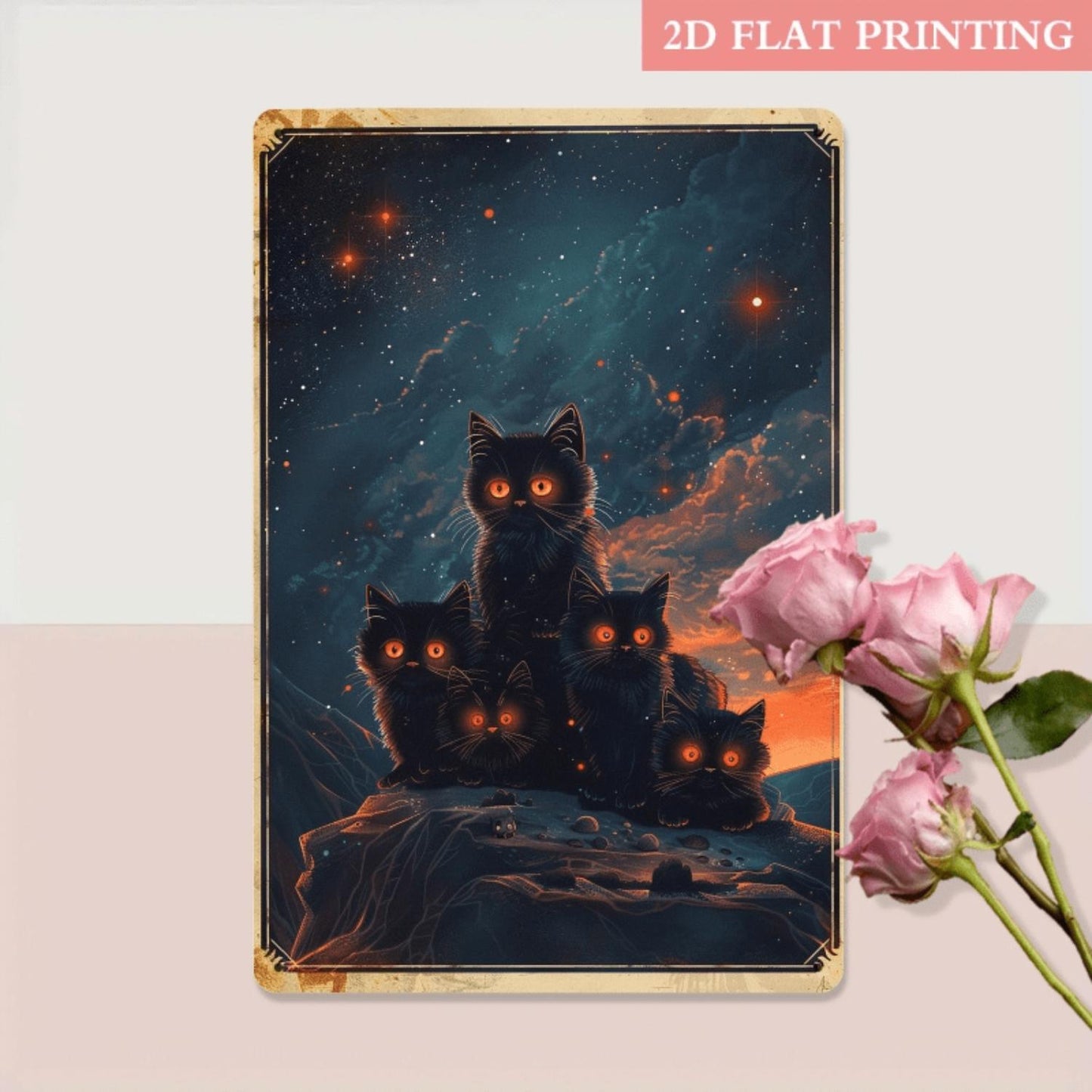[2D Flat] Mystical Black Cat Metal Wall Art, 8x12 Inch Iron Sign with Starry Night Sky Design - Gothic Home Decor, Perfect for Halloween or Unique Gifts, Halloween Decorations, Perfect for Room Decor