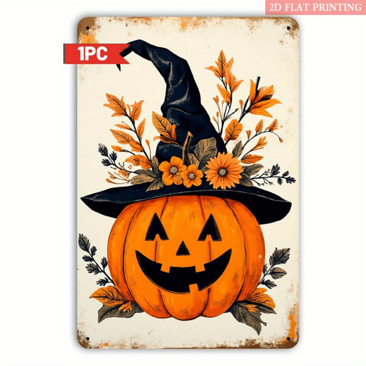 2D Flat, 1pc Vintage Halloween Witch Hat Pumpkin Metal Sign - 8x12 Inch Iron Wall Decor with Black Hat & Autumn Leaves, Rustic Home, Living Room, Party Decoration, Perfect Gift for Halloween Lovers, Halloween Decorations, Best for