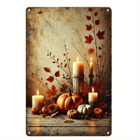 2D Flat, Vintage Fall Metal Tin Sign - Rustic Pumpkin & Candle Wall Art Poster - 8x12 Inch Farmhouse Decor with Warm Autumn Colors - Durable Metal Plaque for Home, Kitchen, Cafe, Bar - Thanksgiving Halloween Decoration - Easy Hang