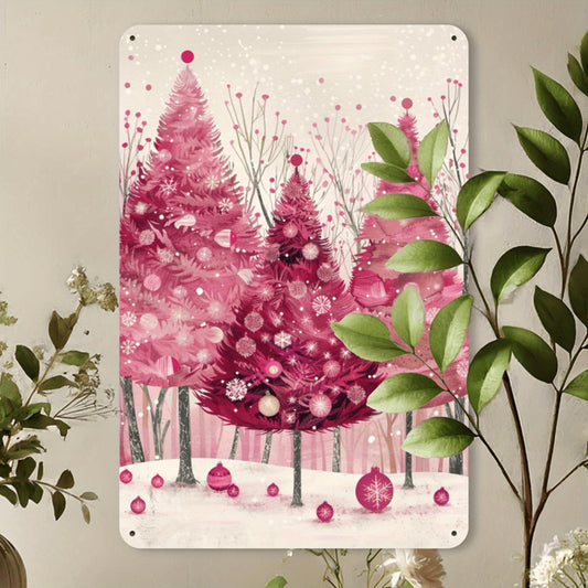 Whimsical Pink Christmas Trees Metal Tin Sign - Festive 8x12" Wall Art for Indoor/Outdoor Decor, Perfect for Home, Bedroom, Cafe, Bar, Garage - Durable Iron Construction, Christmas Room Decor