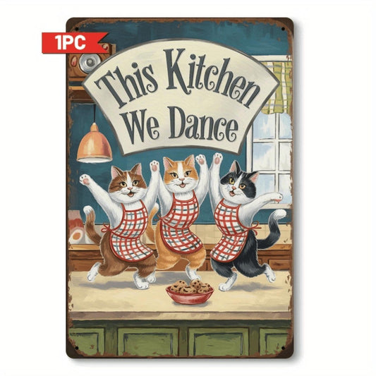[2D Flat] 1pc Vintage Dancing Cats Metal Sign, 8x12 Inch Iron Wall Decor, Playful Kitchen Atmosphere Art with Rustic Charm, Perfect for Farmhouse Kitchen, Home Decoration, and Holiday Gifts, Kitchen Wall Decor | Retro Style Sign |