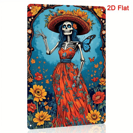 2D Flat, 1pc Vintage Sugar Skull Lady Metal Wall Art - 8x12 Inch Mexican Folk Art Iron Sign with Vibrant Blue & Orange Floral Design, Day of the Dead Decor for Home, Halloween, or Sugar Skull Lovers Gift (No Electricity Needed), H