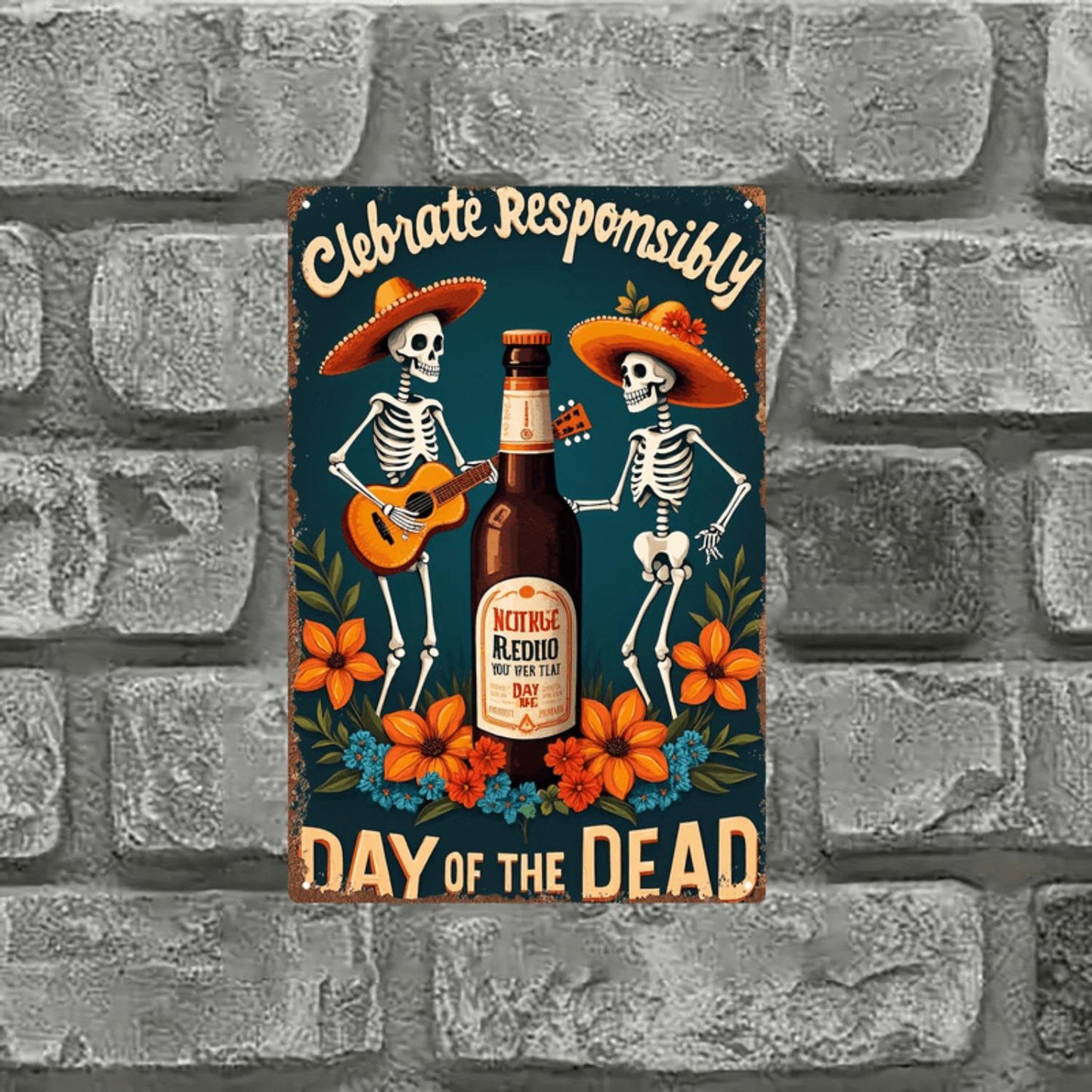 2D Flat, 1pc Mexican Day of the Dead Wall Art Sign - La Catrina Skeletons with Guitar & Beer Bottle, Vibrant D¨ªa de los Muertos Decorations for Home, Bar, Cafe, Porch - Retro Mexican Folk Art in Teal, Orange, Golden, White & Brown